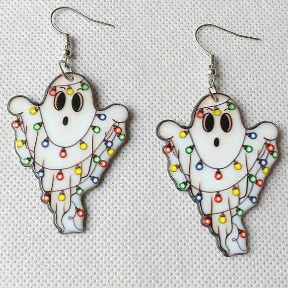 Cute Spooky Christmas Ghosts Earrings, Holiday Ghost Earrings, Acrylic Earrings - Picture 2 of 9